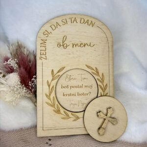Prošnja za botra za krst ali birmo na leseni kartici z gravuro